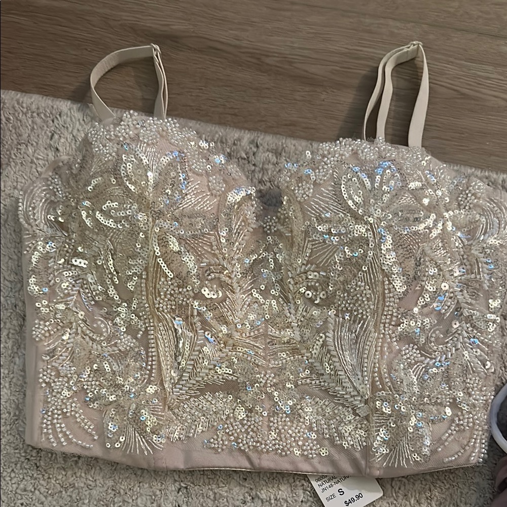 Embellished Sequined Beige Crop Top Bag
